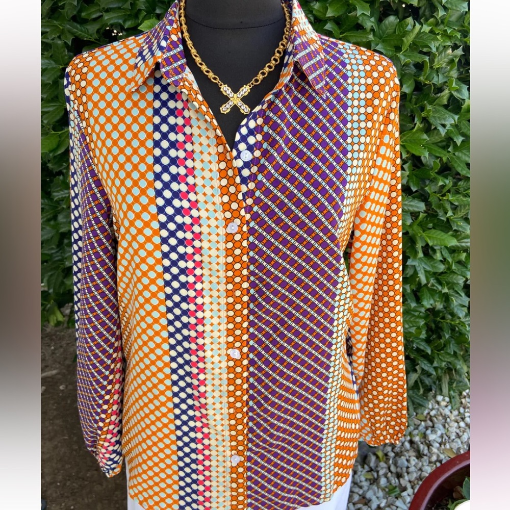 Colorful Polka Dot & Geometric Patterned Women's Top Size Medium